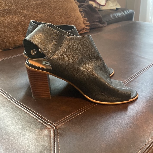 Like New Black Leather Peep Toe Block Heels - Picture 4 of 7